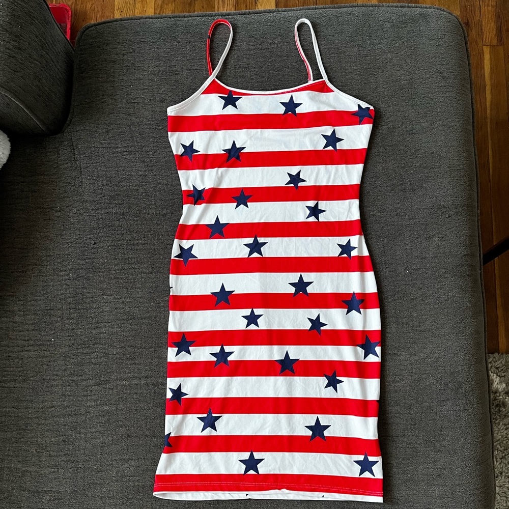 Red, white, and blue bodycon spaghetti strap mini dress
